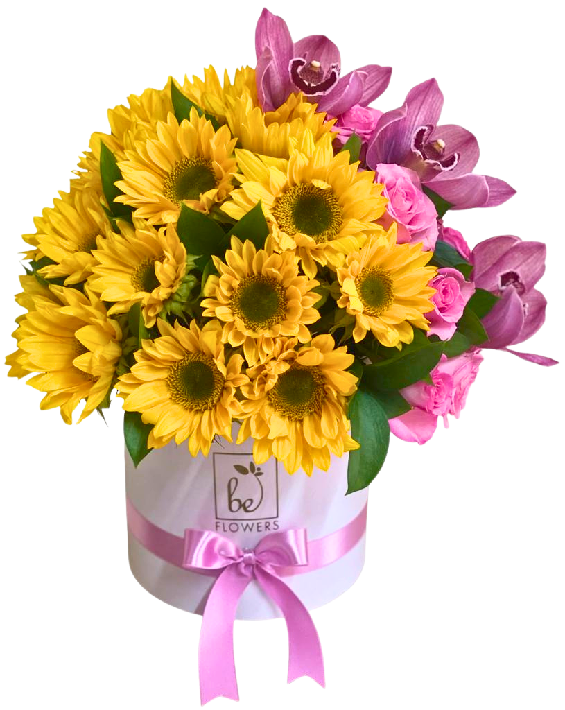 VENECIA ROMANCE, arreglo floral con girasoles y orquídeas